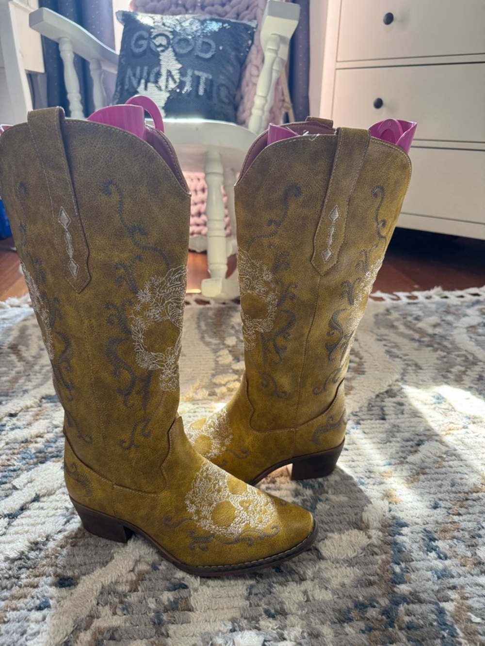 Women’s Mustard Yellow Embroidered Western Heeled Boots